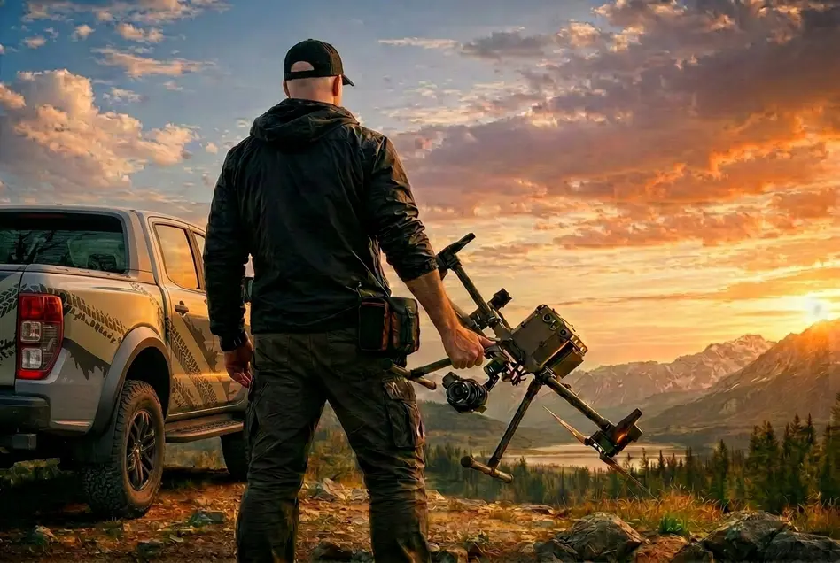 DronTech Drohnenpilot mit professioneller Industrie-Drohne und Geländewagen